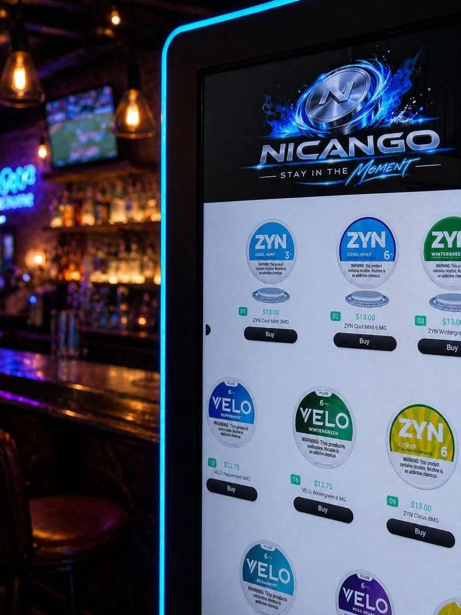 Nicango nicotine pouch vending machine touchscreen showing ZYN VELO and On pouches in a Scottsdale bar