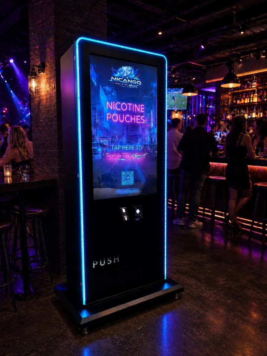 Nicango nicotine vending machine standing in a Scottsdale nightclub bar with neon lighting
